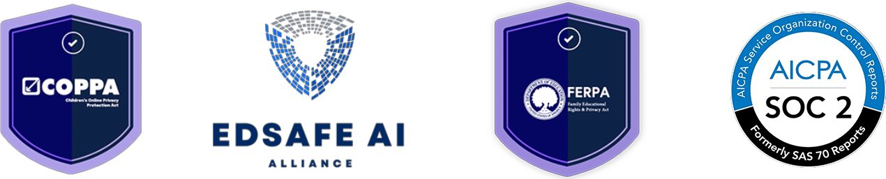 Compliance badges: COPPA, EDSAFE AI Alliance, FERPA, and SOC 2
